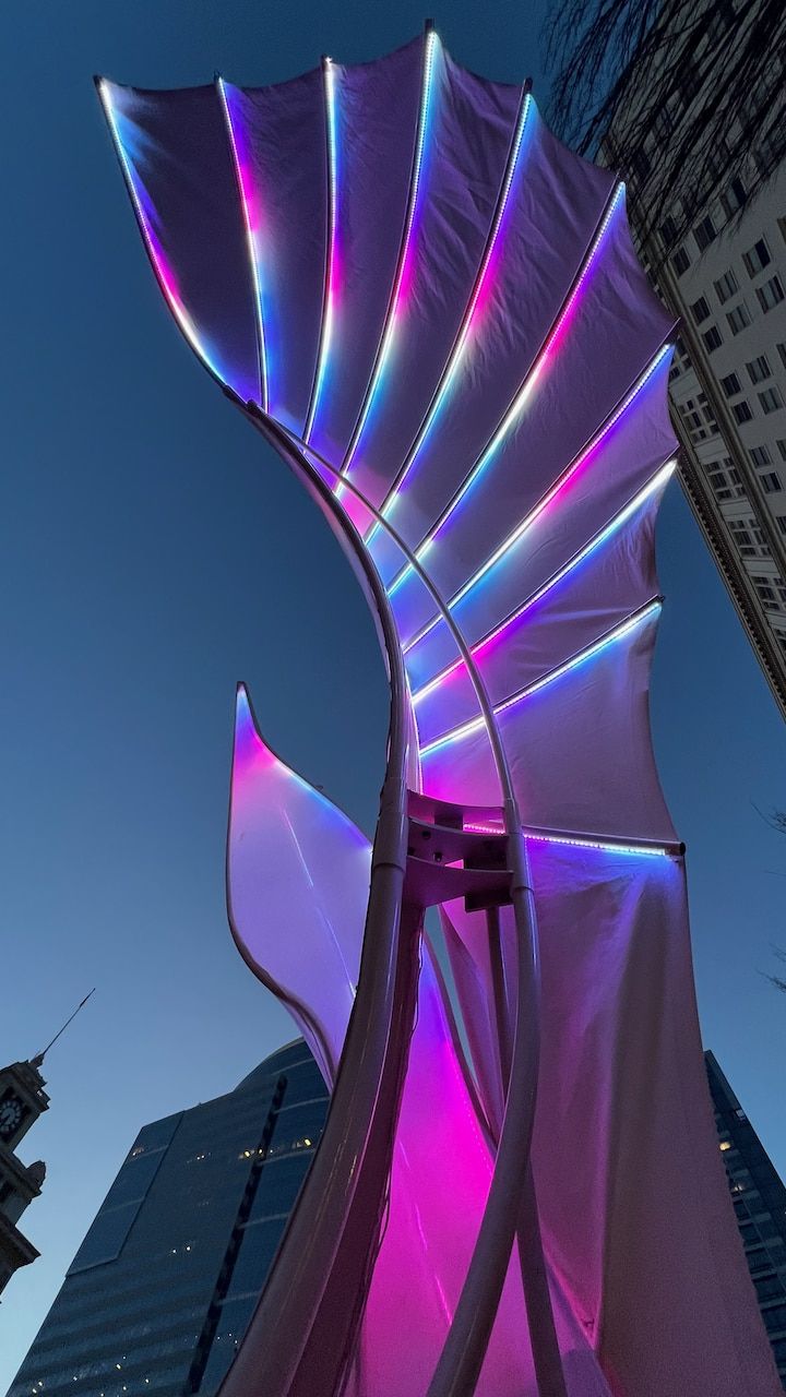 An illuminated art sculpture.