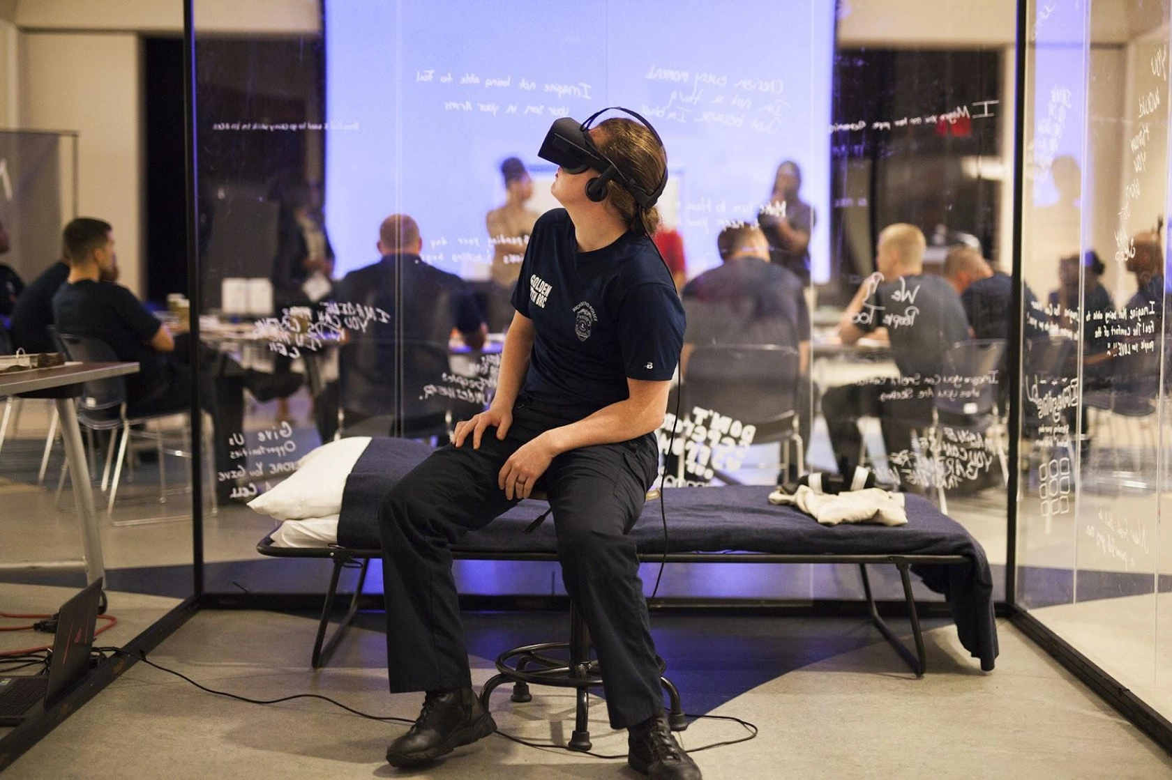 man experiencing virtual prison cell in detained vr