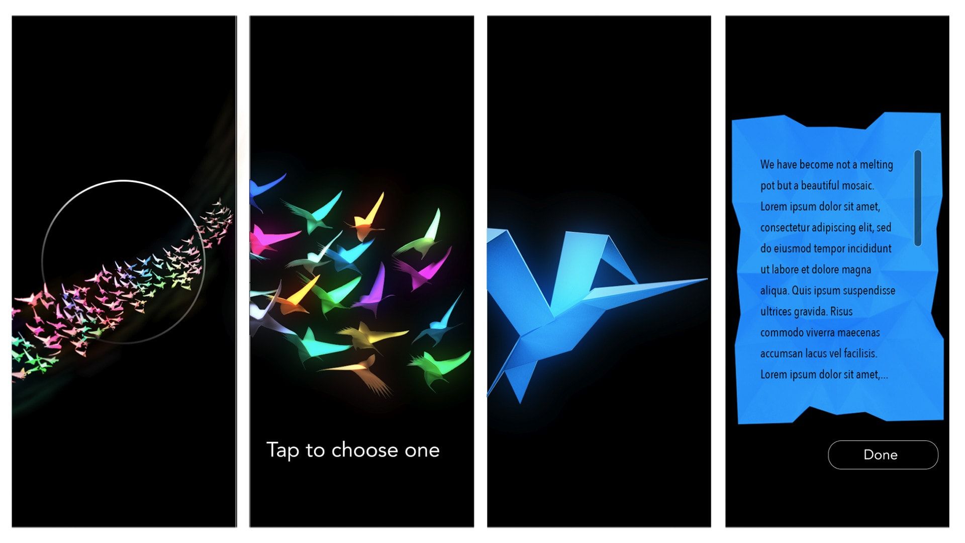 Early concept artwork showing colored paper origami birds flying through a space.